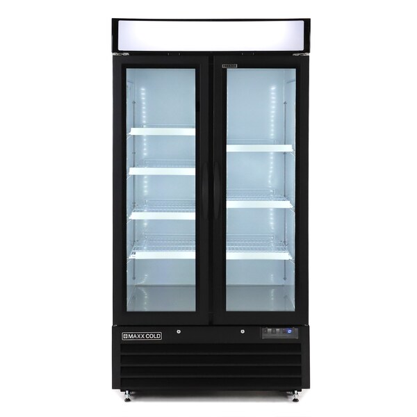 Maxx Cold Double Glass Door Narrow Width Merchandise Freezer, Swing Style Door, 39.5 in.W, 36 cu. ft., in Black - MXM2-36FBHC