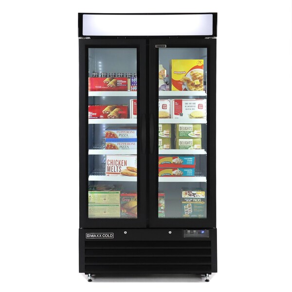 Maxx Cold Double Glass Door Narrow Width Merchandise Freezer, Swing Style Door, 39.5 in.W, 36 cu. ft., in Black - MXM2-36FBHC