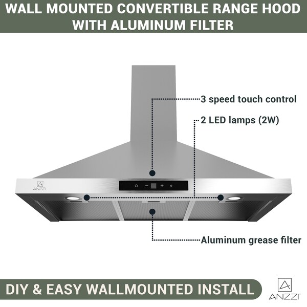 Anzzi 36-Inch Wall-Mounted Stainless Steel-Finished Convertible Range Hood with Aluminum Filter - RH-AZ0590ESS