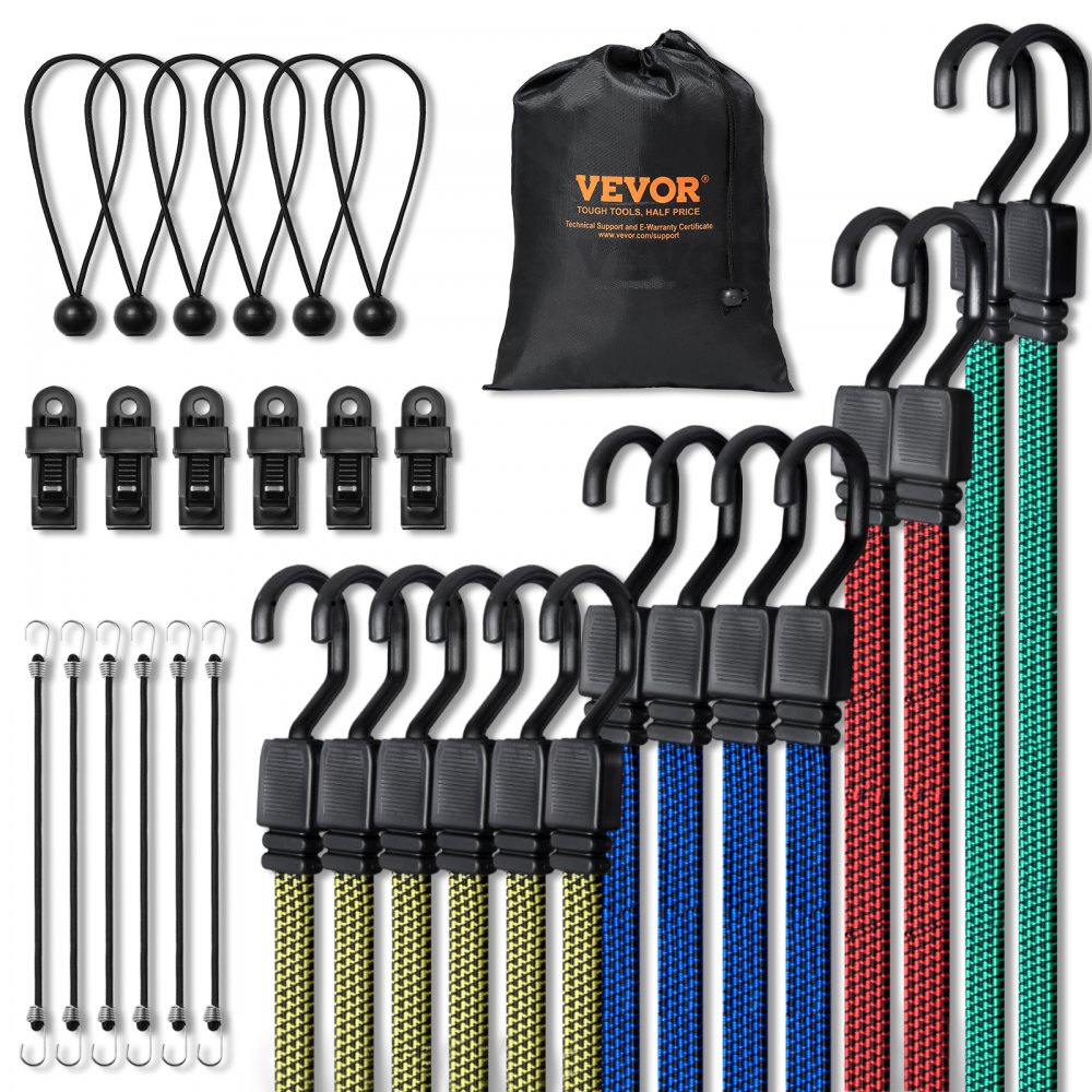VEVOR 32 Pcs Flat Bungee Cord Set 17 mm Heavy Duty Bungee Straps with J-Hooks - DLKZDW28PCSBP62SQV0
