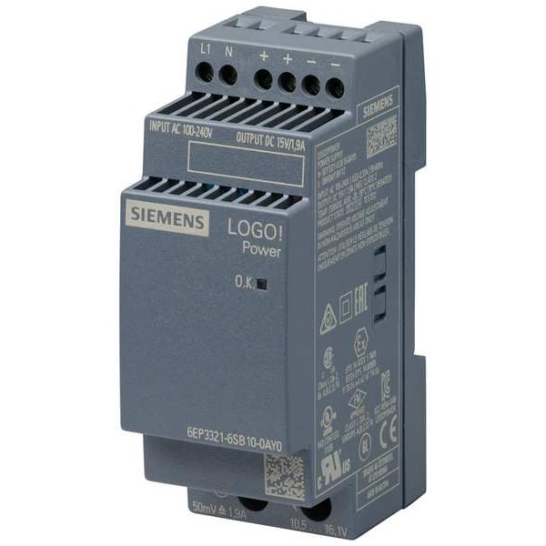 Siemens Stabilized Power Supply, 100/240V AC, 15V DC, 28.5W, 1.9A, DIN Rail - 6EP33216SB100AY0