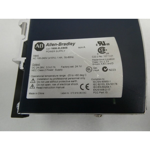 Allen Bradley Power Supply, 100 to 240V AC, 24V DC, 80W, 3.3A, DIN Rail - 1606-XLE80E