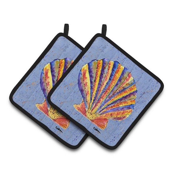 Carolines Treasures Scalloped Shell on Blue Pair of Pot Holders, 7.5 x 3 x 7.5 in. - 8525PTHD