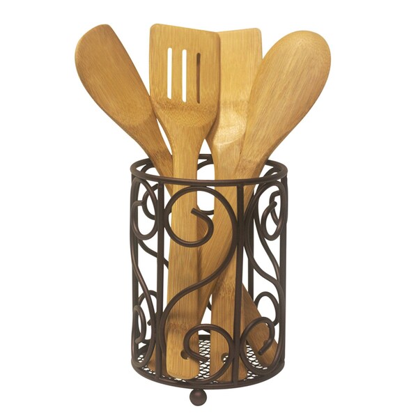 Home Basics Scroll Collection Steel Cutlery Holder with Mesh Bottom and NonSkid Feet, Bronze - CH10651
