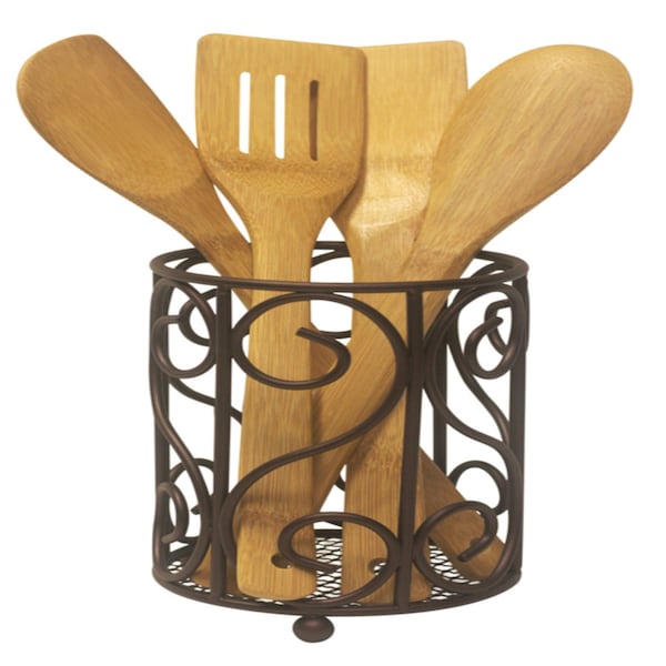 Home Basics Scroll Collection Steel Cutlery Holder with Mesh Bottom and NonSkid Feet, Bronze - CH10651