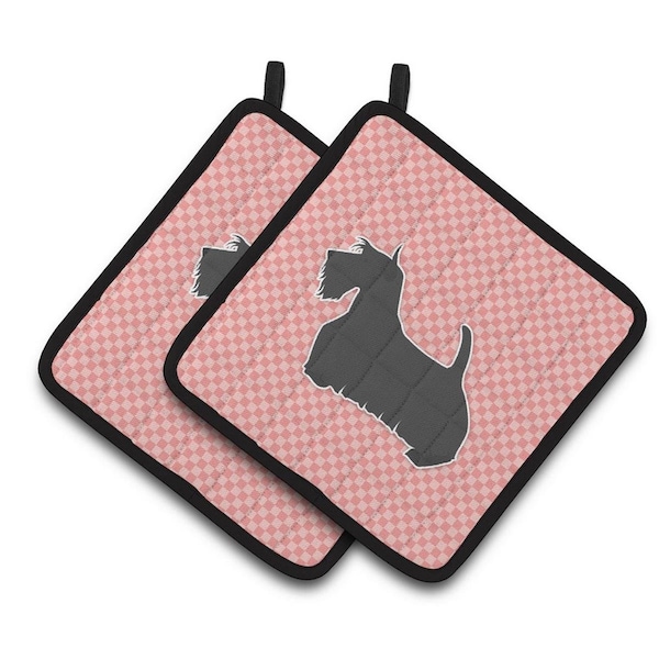 Carolines Treasures Scottish Terrier Checkerboard Pink Pair of Pot Holders - BB3669PTHD