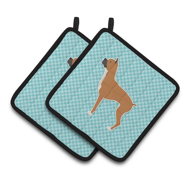 Carolines Treasures Boxer Checkerboard Blue Pair of Pot Holders - BB3753PTHD