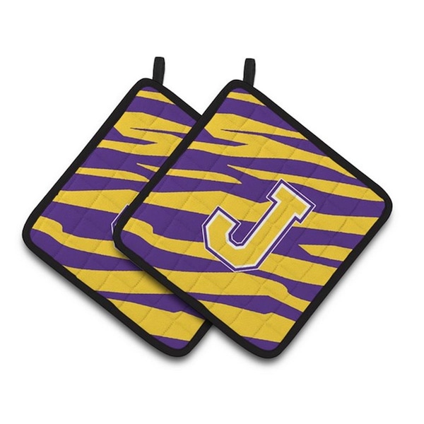 Carolines Treasures Letter J Monogram - Tiger Stripe - Purple Gold Pair of Pot Holders, 7.5 x 3 x 7.5 in. - CJ1022-JPTHD