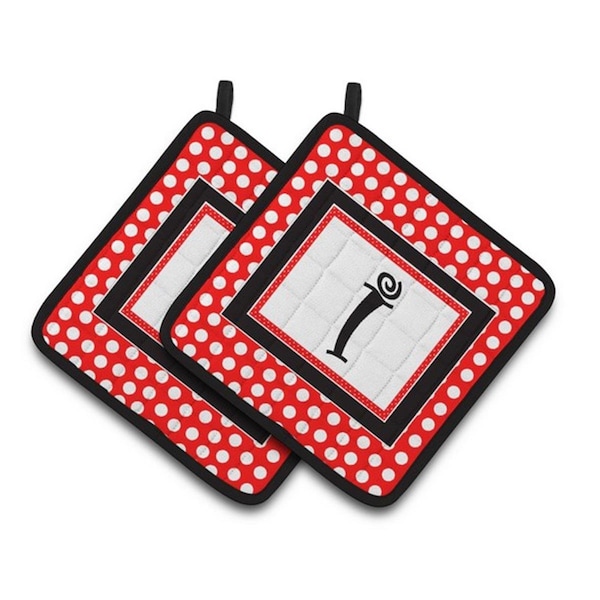 Carolines Treasures Letter I Initial Monogram Red Black Polka Dots Pair of Pot Holders, 7.5 x 3 x 7.5 in. - CJ1012-IPTHD