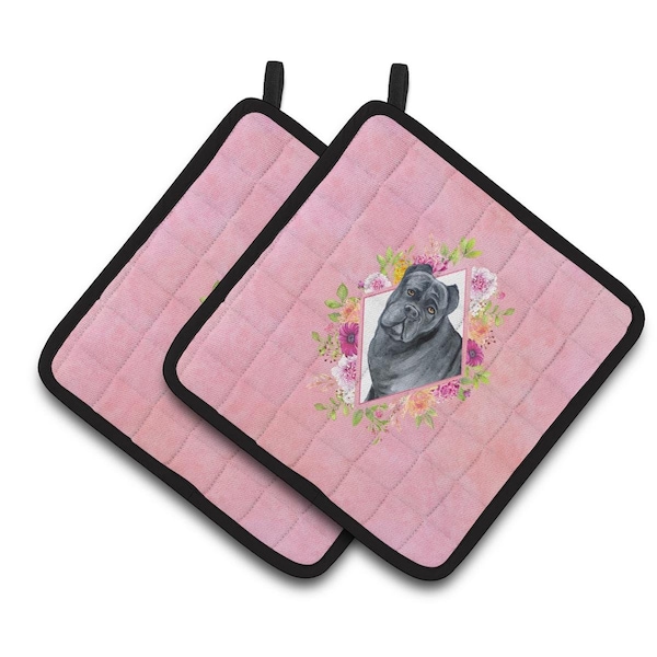 Carolines Treasures 7.5 x 7.5 in. Cane Corso Pink Flowers Pair of Pot Holders - CK4125PTHD