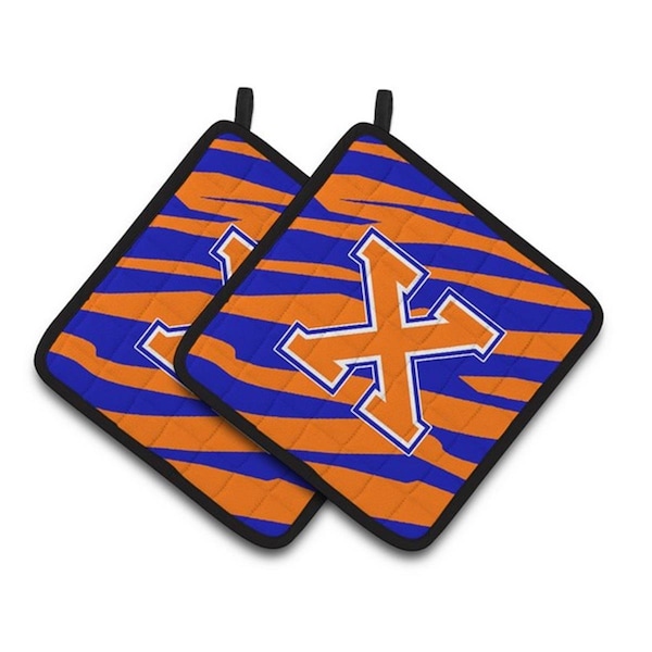 Carolines Treasures Monogram Initial X Tiger Stripe - Blue Orange Pair of Pot Holders, 7.5 x 3 x 7.5 in. - CJ1023-XPTHD