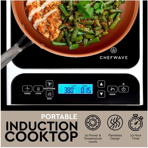 Chefwave LCD 1800W Portable Induction Cooktop w Safety Lock, Bonus 10in Fry Pan - CW-IC01
