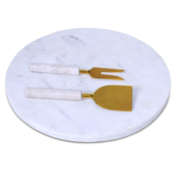 Homeroots 12 in. Round White Marble Cheese Board & Knife Set - 397798