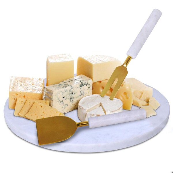 Homeroots 12 in. Round White Marble Cheese Board & Knife Set - 397798