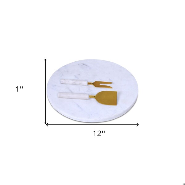 Homeroots 12 in. Round White Marble Cheese Board & Knife Set - 397798