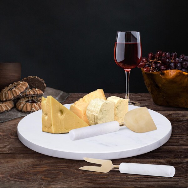 Homeroots 12 in. Round White Marble Cheese Board & Knife Set - 397798