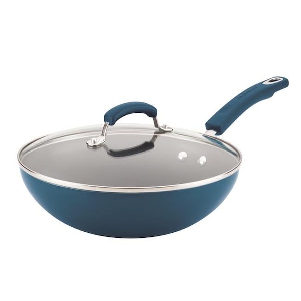 Rachael Ray Rachael Ray 17648 Aluminum Nonstick Stir Fry Pan with Glass Lid; Marine Blue Gradient Hard Enamel - 11 in. - 17648