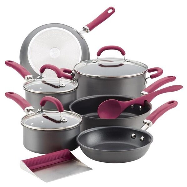 Rachael Ray Rachael Ray 81124 Create Delicious Hard-Anodized Aluminum Nonstick Cookware Set; 11 Piece - Burgundy Handles - 81124
