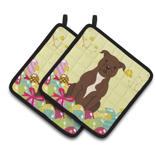 Carolines Treasures Easter Eggs Staffordshire Bull Terrier Chocolate Pair of Pot Holders - BB6048PTHD