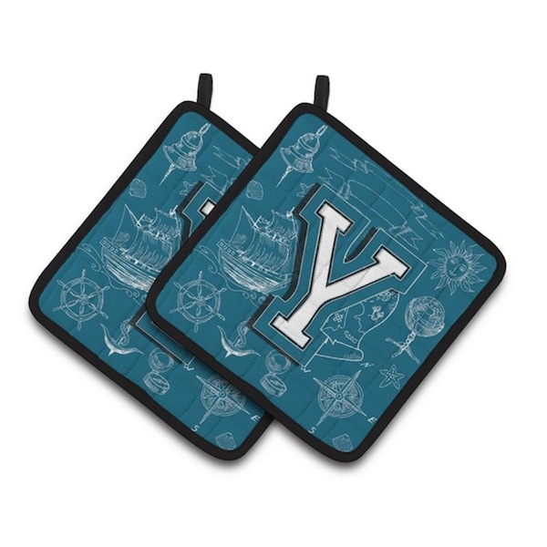 Carolines Treasures Letter Y Sea Doodles Initial Alphabet Pair of Pot Holders, 7.5 x 3 x 7.5 in. - CJ2014-YPTHD