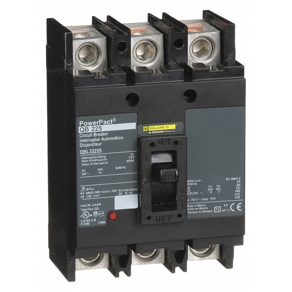 Square D Molded Case Circuit Breaker, QBL Series, 225A, 3 Pole, 240V AC, 10kA at 240V AC - QBL32225