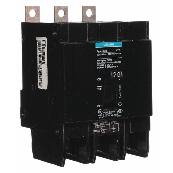 Siemens Miniature Circuit Breaker, BQD Series, 20A, 3 Pole, 480V AC, 14kA at 480V AC - BQD320