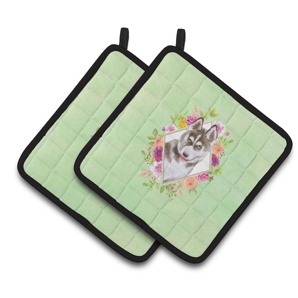 Carolines Treasures 7.5 x 7.5 in. Siberian Husky No.2 Green Flowers Pair of Pot Holders - CK4312PTHD