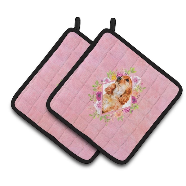 Carolines Treasures 7.5 x 7.5 in. Cocker Spaniel No.2 Pink Flowers Pair of Pot Holders - CK4133PTHD