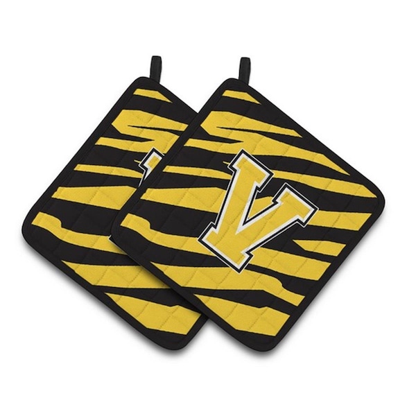 Carolines Treasures Monogram Initial V Tiger Stripe - Black Gold Pair of Pot Holders, 7.5 x 3 x 7.5 in. - CJ1026-VPTHD