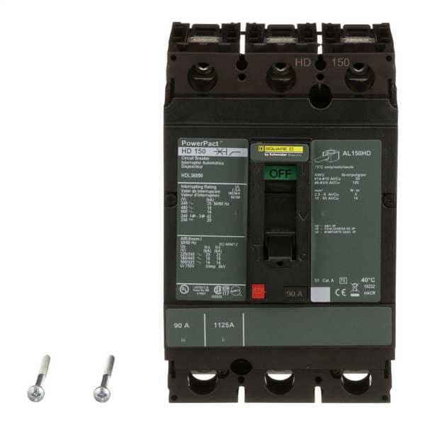 Square D Molded Case Circuit Breaker, HDL Series, 90A, 3 Pole, 600V AC, 25kA at 240V AC - HDL36090