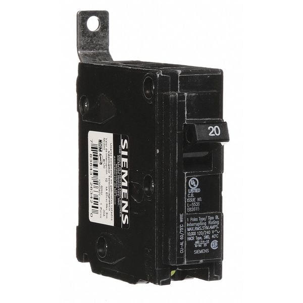 Siemens Miniature Circuit Breaker, BL Series, 20A, 1 Pole, 120/240V AC, 10kA at 120/240V AC - B120