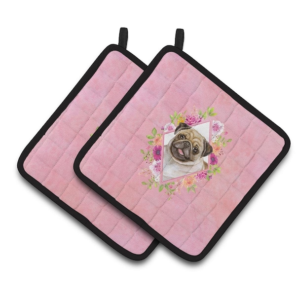 Carolines Treasures 7.5 x 7.5 in. Fawn Pug Pink Flowers Pair of Pot Holders - CK4174PTHD