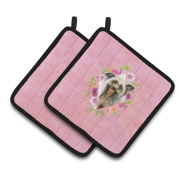 Carolines Treasures 7.5 x 7.5 in. Chinese Crested Pink Flowers Pair of Pot Holders - CK4130PTHD