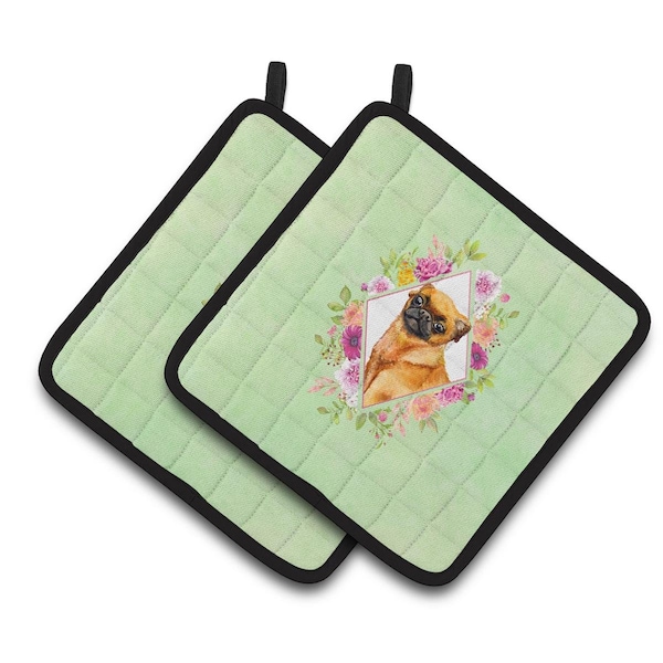 Carolines Treasures 7.5 x 7.5 in. Brabant Griffon Green Flowers Pair of Pot Holders - CK4345PTHD