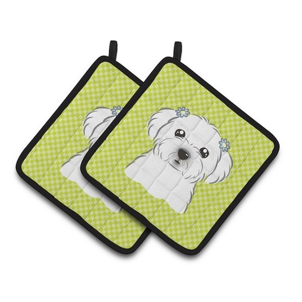 Carolines Treasures Checkerboard Lime Green Maltese Pair of Pot Holders, 7.5 x 3 x 7.5 in. - BB1270PTHD