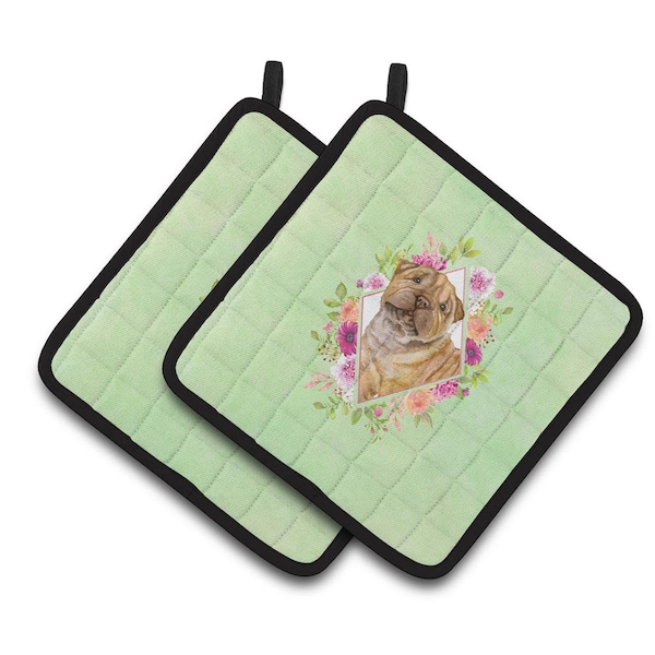 Carolines Treasures 7.5 x 7.5 in. Shar Pei Green Flowers Pair of Pot Holders - CK4341PTHD