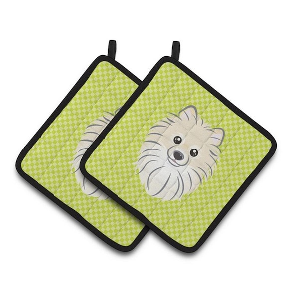 Carolines Treasures Checkerboard Lime Green Pomeranian Pair of Pot Holders, 7.5 x 3 x 7.5 in. - BB1269PTHD