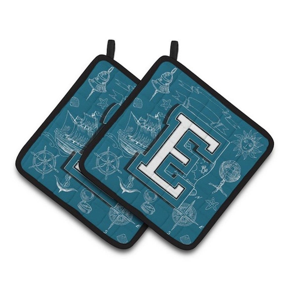 Carolines Treasures Letter E Sea Doodles Initial Alphabet Pair of Pot Holders, 7.5 x 3 x 7.5 in. - CJ2014-EPTHD