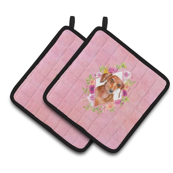 Carolines Treasures 7.5 x 7.5 in. Dachshund Red No.2 Pink Flowers Pair of Pot Holders - CK4135PTHD