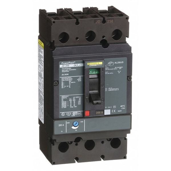 Square D Molded Case Circuit Breaker, JDL Series, 200A, 3 Pole, 600V AC, 25kA at 240V AC - JDL36200