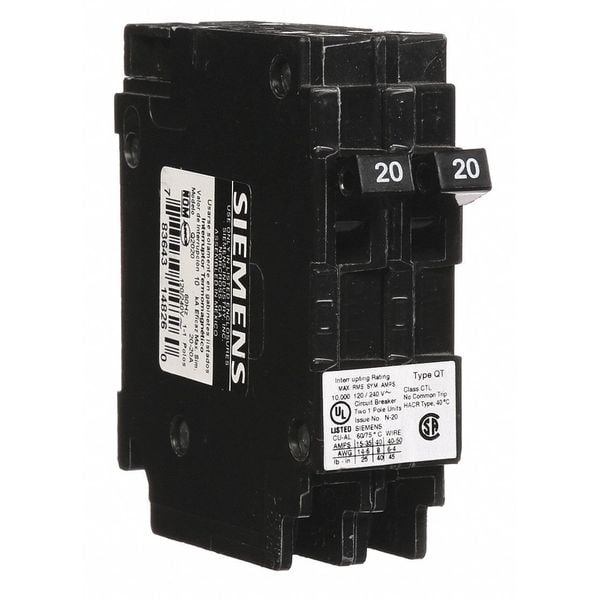 Siemens Miniature Circuit Breaker, Q Series, 20/20A, 1 Pole, 120/240V AC, 10kA at 120V AC - Q2020