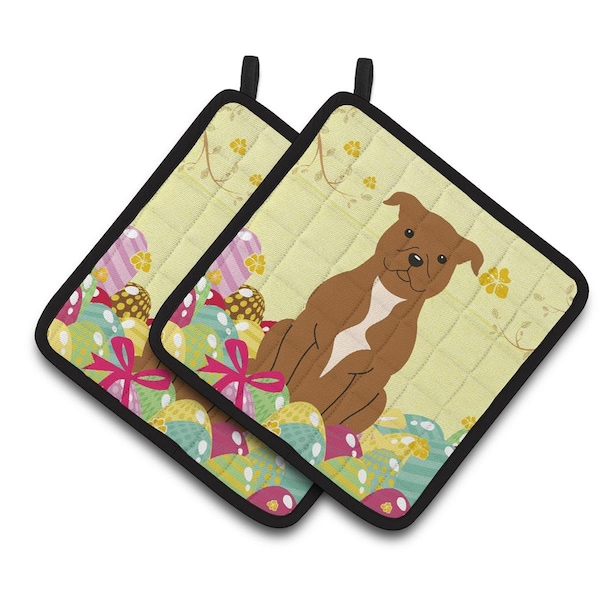 Carolines Treasures Easter Eggs Staffordshire Bull Terrier Brown Pair of Pot Holders - BB6047PTHD
