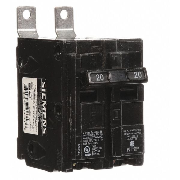 Siemens Miniature Circuit Breaker, BL Series, 20A, 2 Pole, 120/240V AC, 10kA at 120/240V AC - 17605B-8ESF