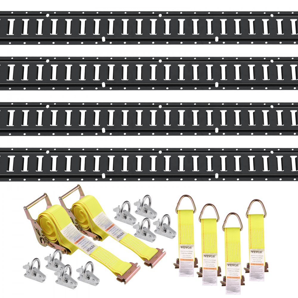 VEVOR E Track Tie-Down Rail Kit, 18PCS 5' E-Tracks Set Includes 4 Steel Rails & 8 O-Ring Anchors & 4 Tie-Offs with D-Ring & 2 Ratchet Straps, Securing Accessories for Cargo Motorcycles Bikes, 2000 lbs - HSFMTCEXXJGDRV2LDV0