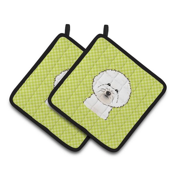 Carolines Treasures Checkerboard Lime Green Bichon Frise Pair of Pot Holders, 7.5 x 3 x 7.5 in. - BB1279PTHD