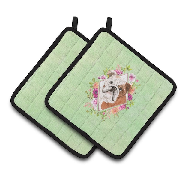 Carolines Treasures 7.5 x 7.5 in. English Bulldog Green Flowers Pair of Pot Holders - CK4400PTHD