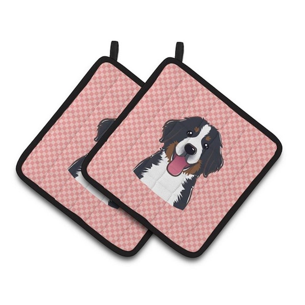 Carolines Treasures Checkerboard Pink Bernese Mountain Dog Pair of Pot Holders, 7.5 x 3 x 7.5 in. - BB1237PTHD