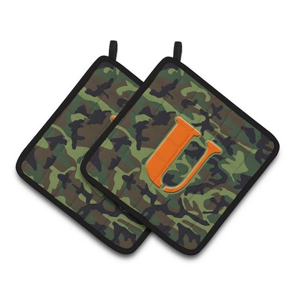 Carolines Treasures Letter U Monogram - Camo Green Pair of Pot Holders, 7.5 x 3 x 7.5 in. - CJ1030-UPTHD
