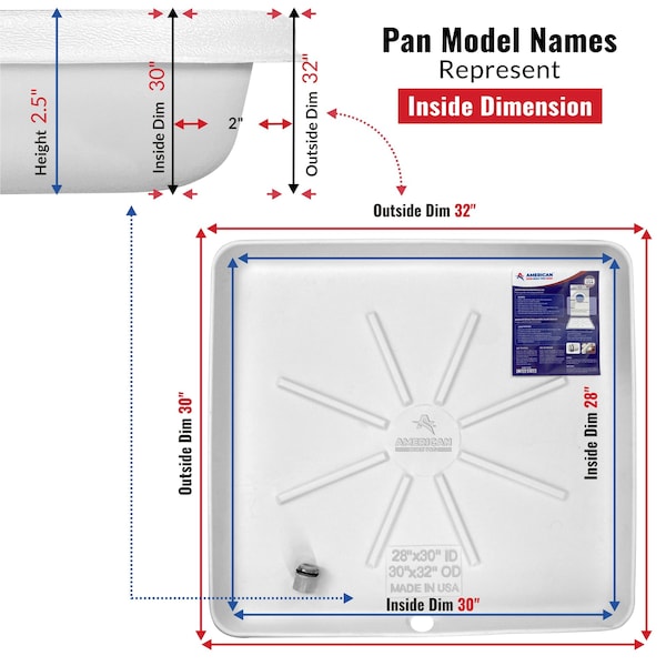 American Built Pro Washing Machine Drain Pan, 30 in x 28 in Plastic White Predrilled wDrain Hose Adapter, 3PK - WMSP-Drl P3