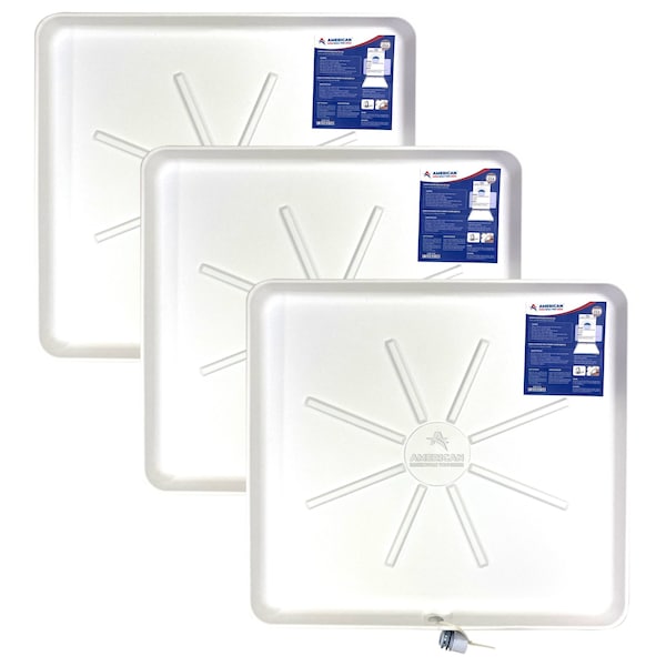 American Built Pro Washing Machine Drain Pan, 30 in x 28 in Plastic White Predrilled wDrain Hose Adapter, 3PK - WMSP-Drl P3